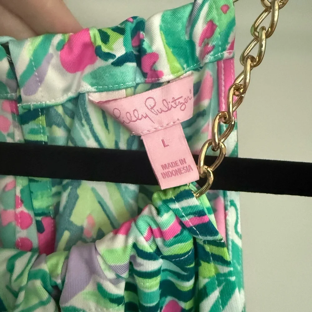 Lilly Pulitzer Pink & Green Tropical Halter Shell with Chain Neck - Picture 6 of 7